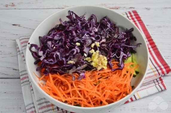 Салат из краснокочанной капусты, корейской моркови и свежих овощей – фото приготовления рецепта, шаг 4