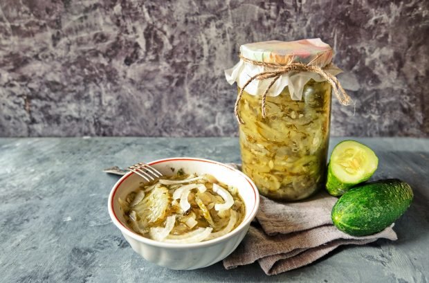Cucumber salad with onions for the winter without sterilization